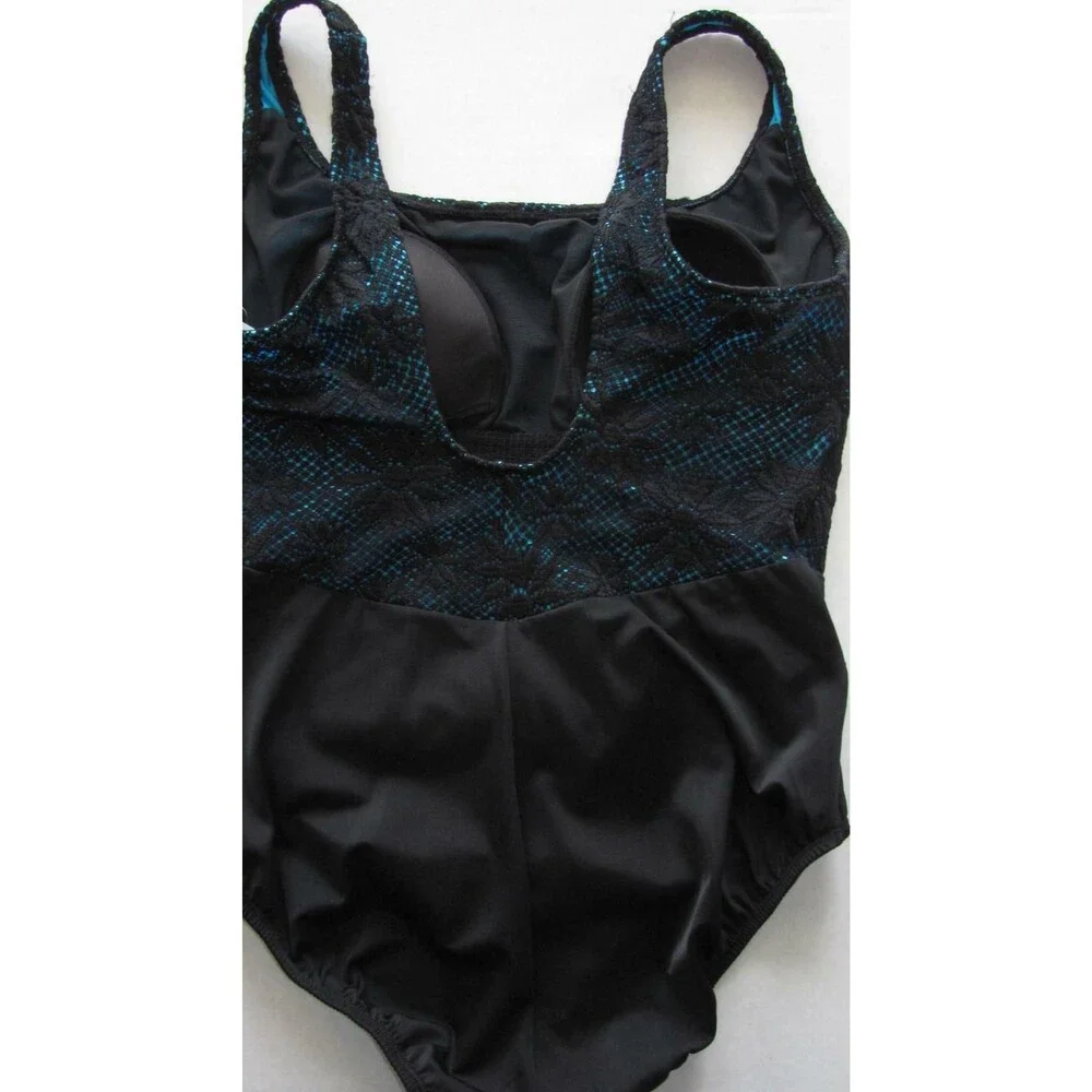 LONGITUDE Lace Overlay One Piece Tummy Trimmer Swimsuit Bathing Suit 8